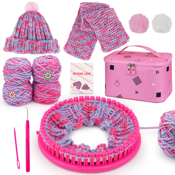 Beginner Hat Scarf Loom Kit for Creative Girls Aged 7-12, Travel Activity and Christmas Gift, Knit Your Dreams, Rose